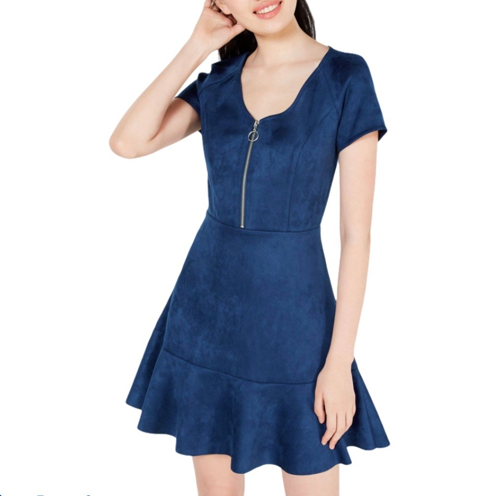 Blue Suede Skater Dress Short Sleeve NEW Zipper M